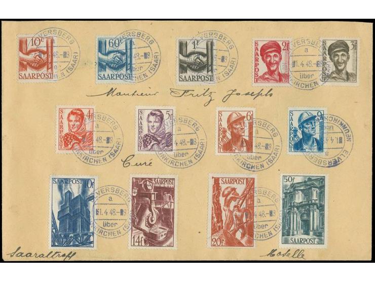 1948, Wiederaufbau des Saarlandes 10 C.-50 Fr. mit Stempel "ELVERSBERG a über NEUNKIRCHEN (SAAR) 1.4.48" auf Erstagsbrief, ta