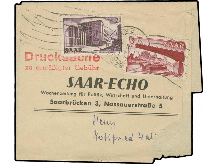 1952, Ansichten 2-3 Fr. mit Maschinenstempel "SAARBRÜCKEN 22.5.56" auf Drucksache zu ermäßigter Gebühr, unten mit kleinem Aus