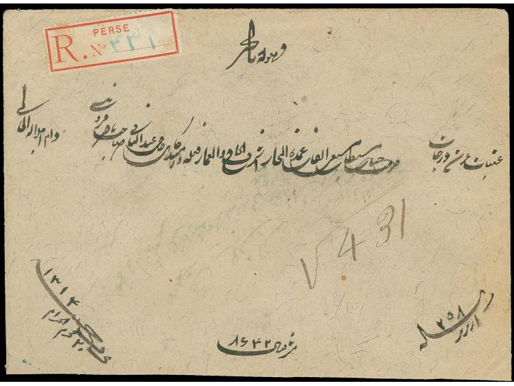 1 kr. and 1 ch. in strip of 3 tied by Tauris cds. to reverse of registered envelope via Teheran to Bagdad with arrival mark