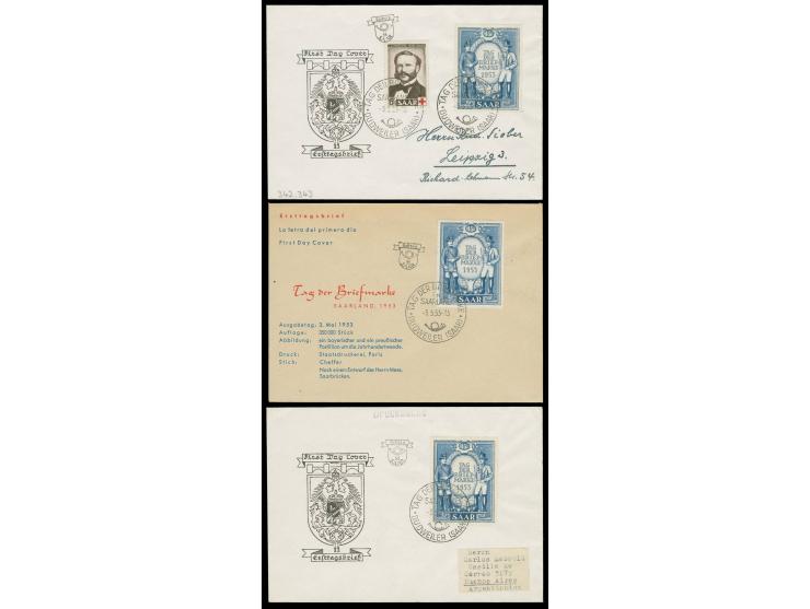1953, Tag der Briefmarken 15 Fr. und Rotes Kreuz 15 Fr. zusammen mit Sonderstempel auf Ersttagsbrief, sowie zwei weitere FDC,