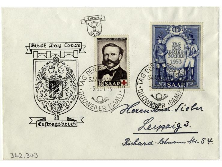 1953, Tag der Briefmarken 15 Fr. und Rotes Kreuz 15 Fr. zusammen mit Sonderstempel auf Ersttagsbrief, sowie zwei weitere FDC,