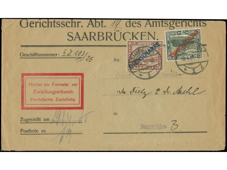 1922, Landschaftsbilder 15 C. mit klarem Doppelaufdruck mit Zufrankatur mit Stempel "SAARBRÜCKEN 29.4.25" auf portogerechter 