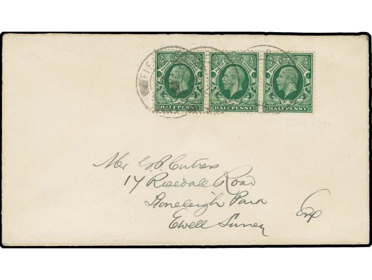 BRITISCHE FELDPOST: ½ p. grün im waagerechten Dreierstreifen mit Feldpoststempel auf Brief nach England, tadellos