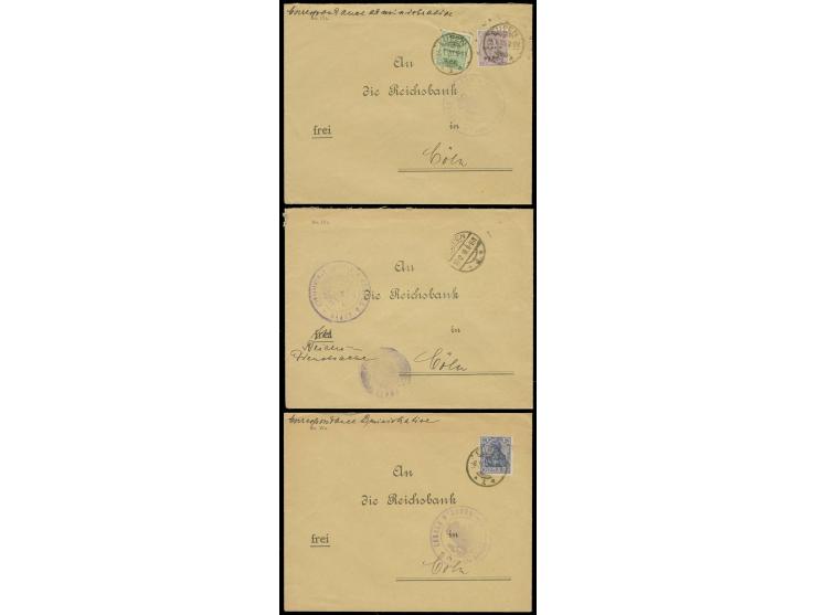 1920, 20 PF auf 20 C. und 5 PF auf 5 C. mit Stempel "EUPEN 15.1.20" (ERSTTAG) auf Reichsbankbrief nach Cöln, dazu aus gleiche