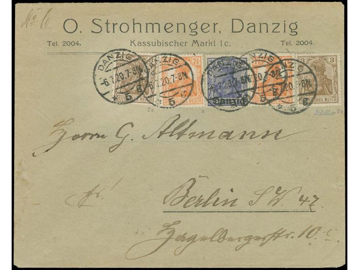 1920, Germania 3 und 7 1/2 Pfg. orange, jeweils 2 Einzelwerte in Mischfrankatur auf Mitläufer-Firmenbedarfsbrief von "DANZIG 
