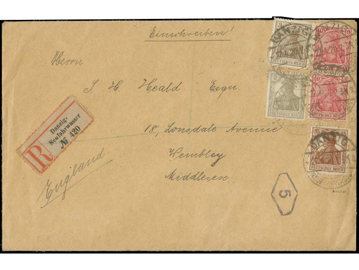 1920, Germania 35 Pfg., 10 Pfg. (2), 3 Pfg. und 2 Pfg. mit Stempel "DANZIG-NEUFAHRWASSER 27.4.20" als portogerechte Frankatur