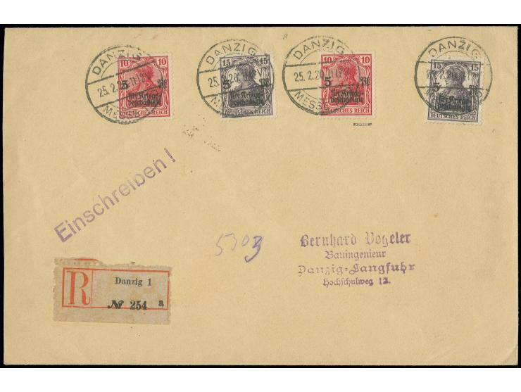 1920, Kriegsgeschädigte 10 + 5 Pfg. und 15 + 5 Pfg., jeweils 2 Einzelwerte mit Stempel "DANZIG MESSE 1920 25.2.20" als portog