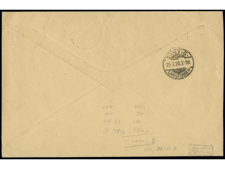 1920, Kriegsgeschädigte 10 + 5 Pfg. und 15 + 5 Pfg., jeweils 2 Einzelwerte mit Stempel "DANZIG MESSE 1920 25.2.20" als portog