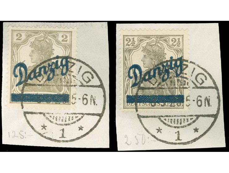 2 Pfg. und 2 ½ Pfg. jeweils mit sauberem zeitgerechten Stempel "DANZIG 1/ 3.9.20" auf Briefstück, Pracht, jeweils Fotoattest 