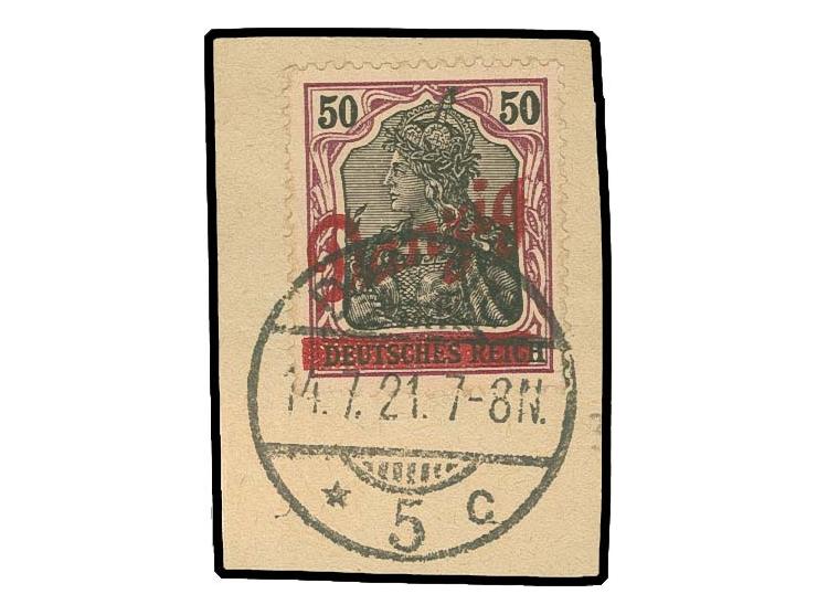 50 Pfg. mit sauberer zeitgerechter Entwertung "DANZIG 5 c 14.7.21" auf Briefstück, Pracht, signiert Kniep BPP und Fotoattest 