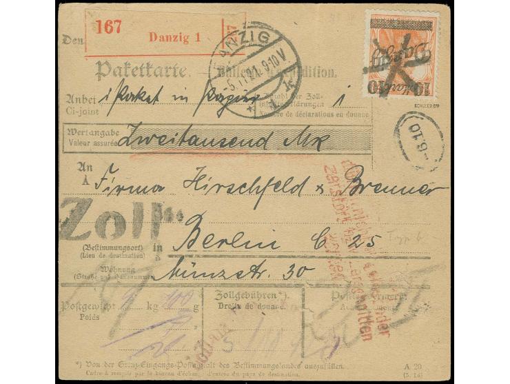 1920, Germania 10 M. auf 7 1/2 Pfg. ohne Unterdruck und Kogge 1 M. im senkrechten Paar und Einzelwert (rückseitig) je mit Ste