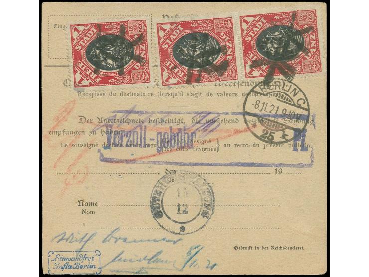 1920, Germania 10 M. auf 7 1/2 Pfg. ohne Unterdruck und Kogge 1 M. im senkrechten Paar und Einzelwert (rückseitig) je mit Ste