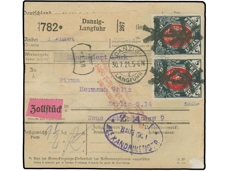 1921, Kogge 5 M. im Paar mit Paketsicherungsstempel als Mehrfachfrankatur auf Paketkarte von "DANZIG-LANGFUHR 30.7.21" nach B