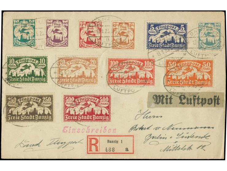 1923, Flugpost 40 Pfg. - 20 M. kpl. mit Zufrankatur Flugpost 25-500 Mk. vorderseitig und 3 Werte Freimarken rückseitig auf R-