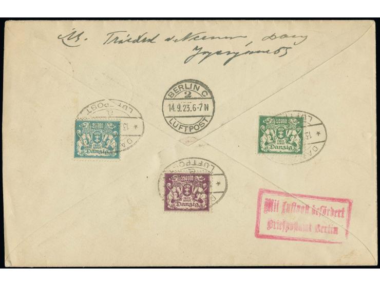 1923, Flugpost 40 Pfg. - 20 M. kpl. mit Zufrankatur Flugpost 25-500 Mk. vorderseitig und 3 Werte Freimarken rückseitig auf R-