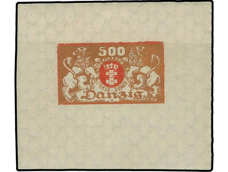 500 M. Probedruck lebhaftrot/gold im Format 72x63 mm, ungebraucht, Pracht