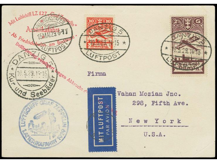 2 1/2 G. mit Plattenfehler "G von Gulden gebrochen" und 10 Pfg. rot mit Stempel "DANZIG 5 LUFTPOST 10.5.29" auf Zeppelinkarte