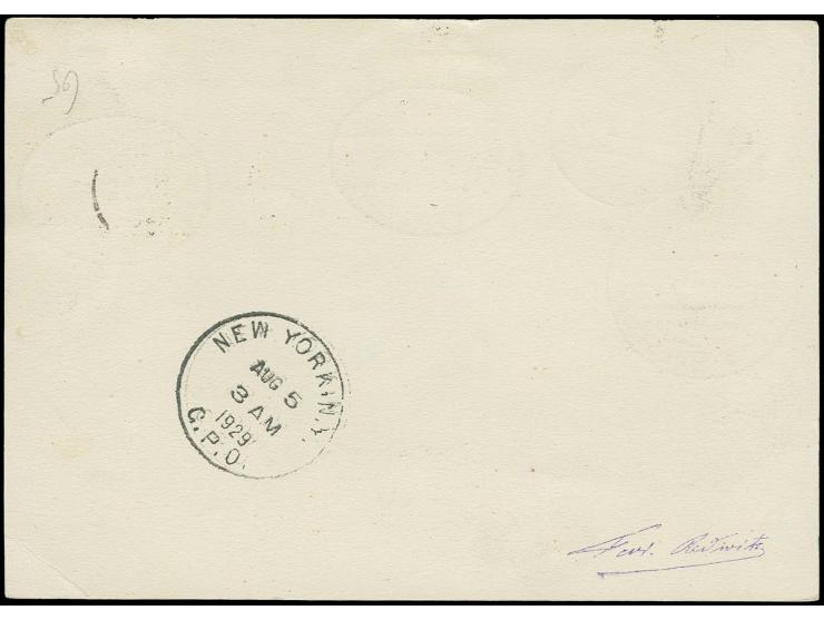 2 1/2 G. mit Plattenfehler "G von Gulden gebrochen" und 10 Pfg. rot mit Stempel "DANZIG 5 LUFTPOST 10.5.29" auf Zeppelinkarte