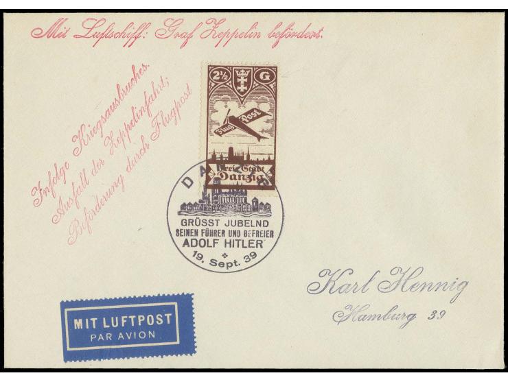 2 1/2 G. mit Plattenfehler "Strich links unten im G von Gulden" auf Zeppelinbrief mit Sonderstempel vom 19.SEP.39 und Flugaus