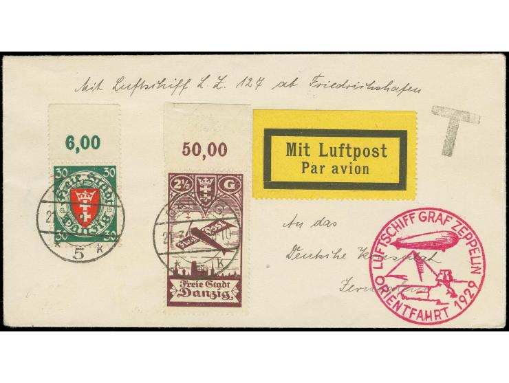 1924, Flugpost 2 1/2 G. ohne Unterdruck, Oberrandstück und Staatswappen 30 Pfg. mit Oberrand auf Zeppelinbrief zur Orientfahr