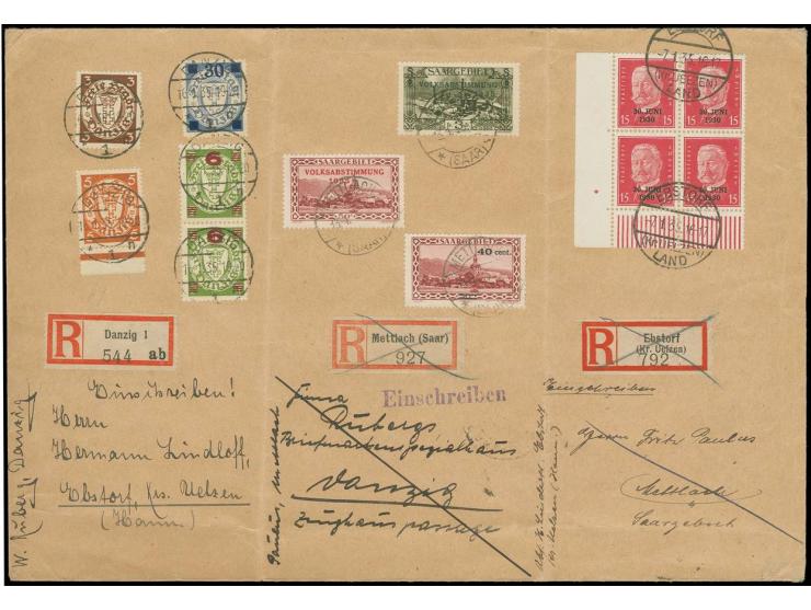 1934, Staatswappen 30 auf 35 Pfg. hellviolettultramarin mit Zufrankatur und Stempel "DANZIG 16.1.35" auf Mehr-Etappenpost-R-B
