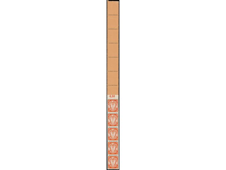 Rollenmarke 5 Pfg. im senkrechten 5er-Streifen mit Oberrand und 7 Leerfeldern in orange, postfrisch, 1 Wert mit Haftstlle und
