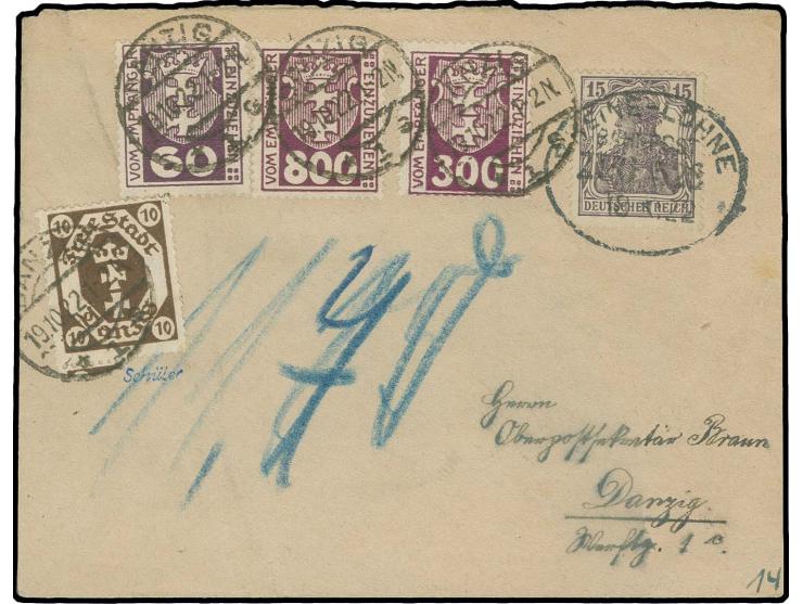 1921, 800 Pfg., 300 Pfg., 60 Pfg. und Freimarke Staatswappen 10 Pfg. braun als Portomarken-Ersatz mit Stempel "DANZIG 19.10.2