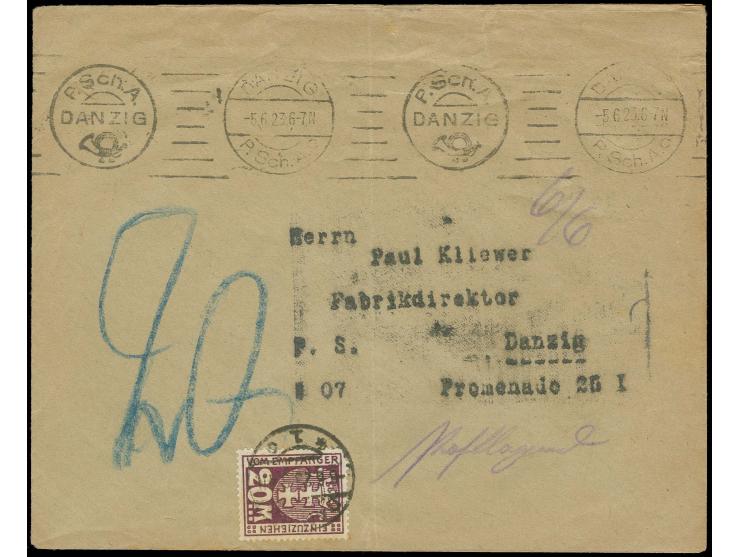 20 M. mit Stempel "DANZIG 6.6.23" auf Postscheckbrief mit Maschinenstempel "DANZIG P.Sch.A.c 5.6.23" mit Tax-Vermerk für die 