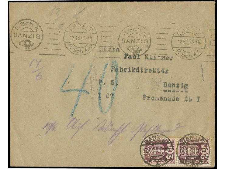 20 M. im senkrechten Paar mit Stempel "DANZIG 12.6.23" auf Postscheckbrief mit Maschinenstempel "DANZIG P.Sch.A.c 12.6.23", Z
