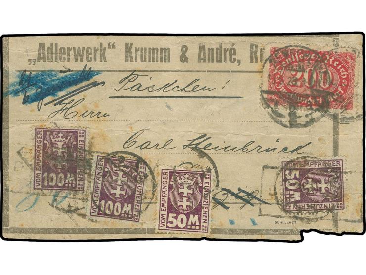 1923, 50 und 100 M., jeweils 2 Einzelwerte mit Stempel "DANZIG..." auf kpl. Adressenträgerteil für ein Päckchen mit Deutsches