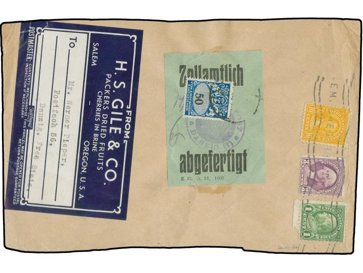 1923, 50 Pfg. mit undeutlichem Stempel "DANZIG 14...." für die Verzollungsgebühr auf Päckchen-Teil aus Salem, USA mit kpl. Ab