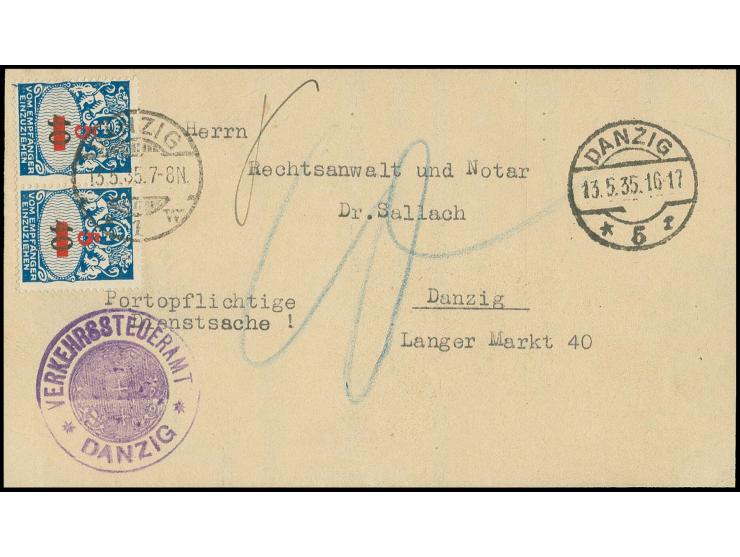 1932, 5 auf 40 Pfg. im waagerechten Paar mit Stempel "DANZIG 1 13.5.35" auf "Portopflichtiger Dienstsachen"-Faltbrief von "DA