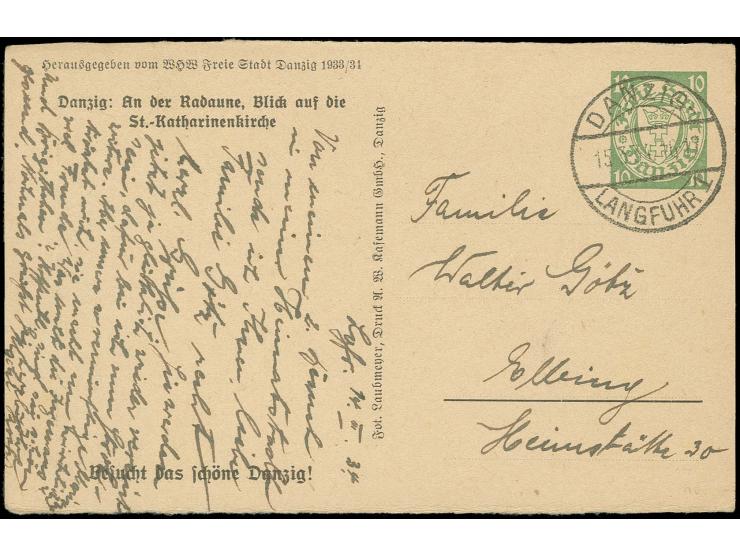 1934, WHW Sonderganzsachenkarte 10 Pfg. mit Bild "An der Radaune, Blick auf die St.-Katharienkirche", bedarfsgebraucht von "D