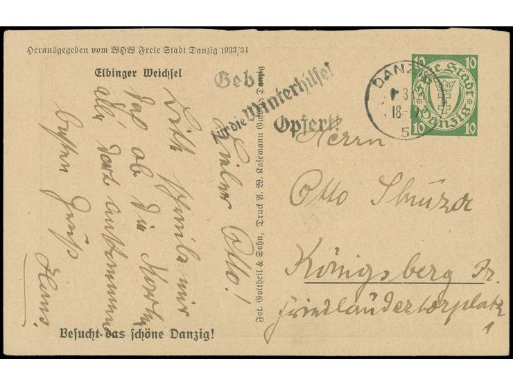 1934, WHW Sonderganzsachenkarte 10 Pfg. mit Bild "Elbinger Weichsel" mit Abb. "Mühle", bedarfsgebraucht von "DANZIG 1.3.34" n