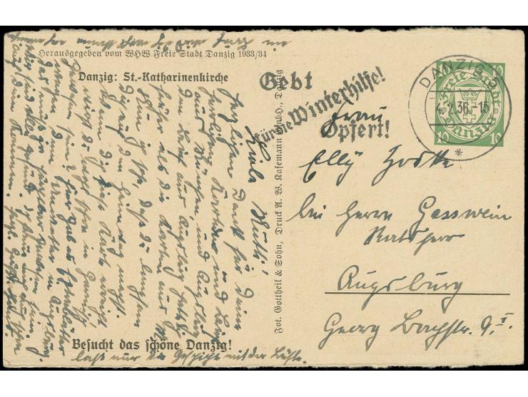 1934, WHW Sonderganzsachenkarte 10 Pfg. mit Bild "St.-Katharienkirche", bedarfsgebraucht von "DANZIG 5 4.2.36" nach Augsburg,