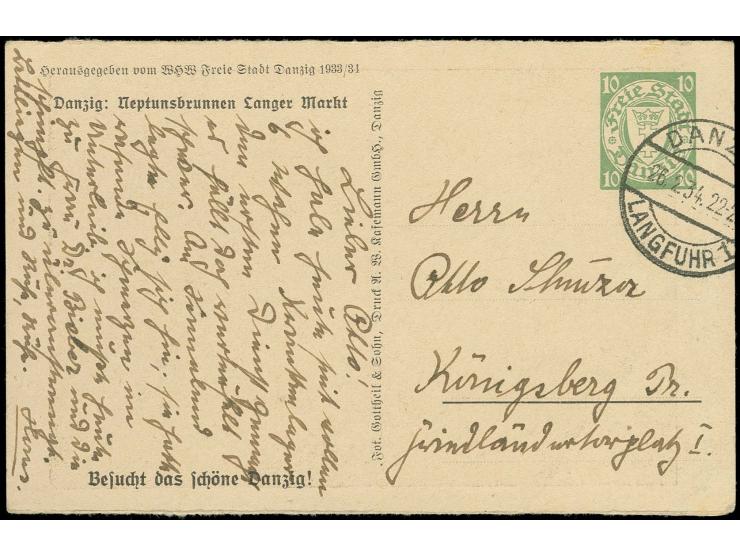 1934, WHW Sonderganzsachenkarte 10 Pfg. mit Bild "Neptunsbrunnen Langer Mark", bedarfsgebraucht von "DANZIG-LANGFUHR 26.2.34"
