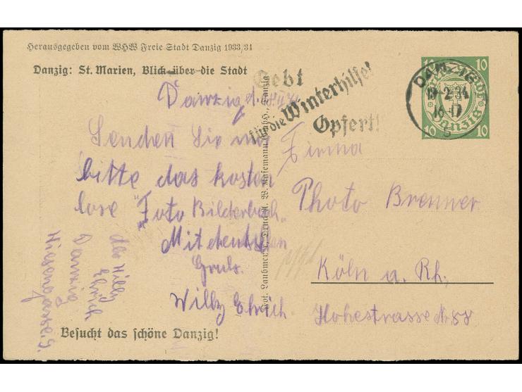 1934, WHW Sonderganzsachenkarte 10 Pfg. mit Bild "St.Marien, Blick über die Stadt", bedarfsgebraucht von "DANZIG 5 13.2.34" n