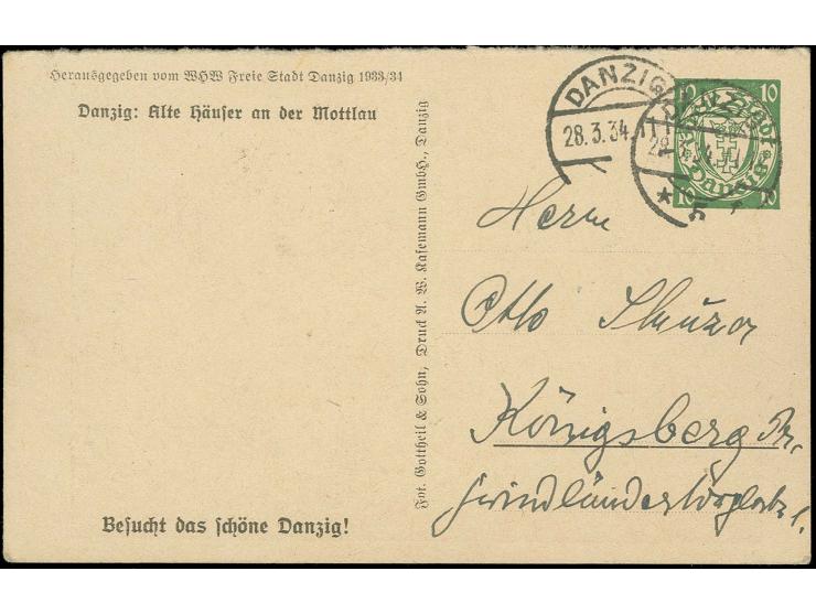 1934, WHW Sonderganzsachenkarte 10 Pfg. mit Bild "Alte Häuser an der Mottlau", gebraucht von "DANZIG-LANGFUHR 28.3.34" nach K