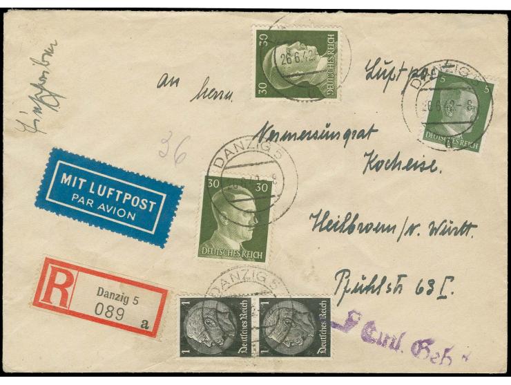 DIVERSES: 1943, Hitler 30 (2) und 5 Pfg. und Hindenburg 1 Pfg. im senkrechten Paar als portogerechter Frankatur auf R-Luftpos