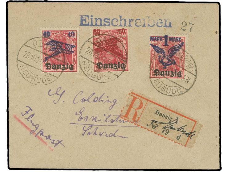 FLUGPOST: 1920, Flugpost-Aufdruckausgabe 40 Pfg. - 1 M. kpl. mit Stempel "DANZIG-HEUBUDE 28.10.20" auf R-Luftpostbrief via "B