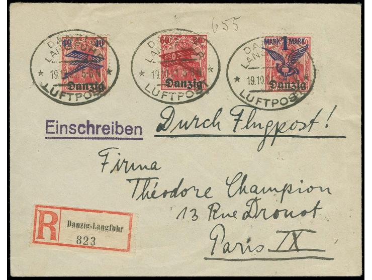 1921, Flugpost-Aufdruckausgabe 40 Pfg. - 1 M. kpl. mit Stempel "DANZIG-LANGFUHR LUFTPOST 19.10.21" auf R-Luftpostbrief mit rü