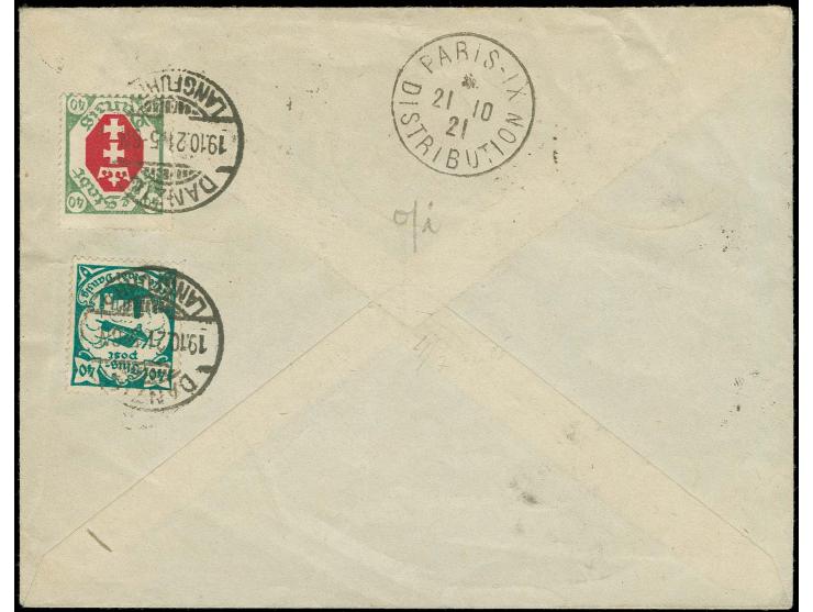 1921, Flugpost-Aufdruckausgabe 40 Pfg. - 1 M. kpl. mit Stempel "DANZIG-LANGFUHR LUFTPOST 19.10.21" auf R-Luftpostbrief mit rü