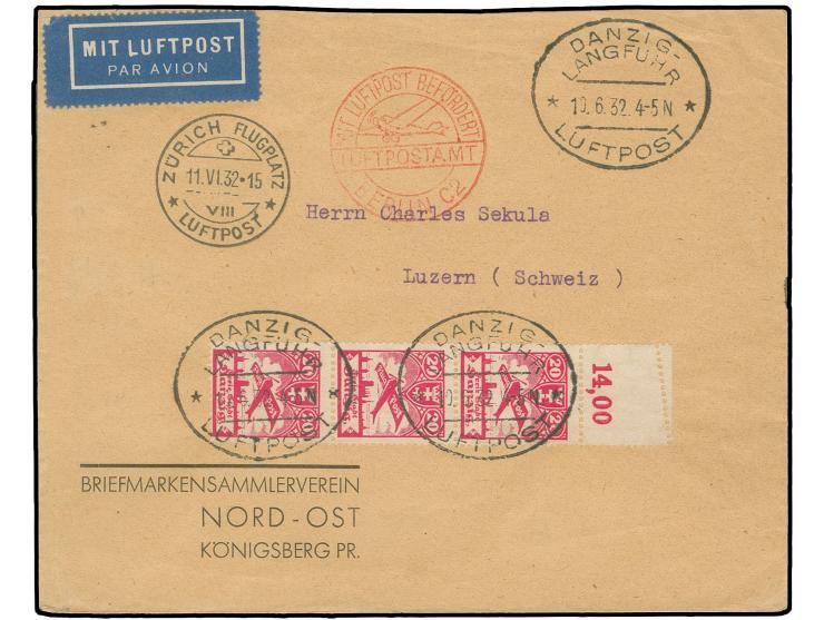 1932, Flugpostausgabe 1924 20 Pfg. im senkrechten 3er-Streifen mit zusätzlicher schräger Zähnung im Oberrand als portogerecht
