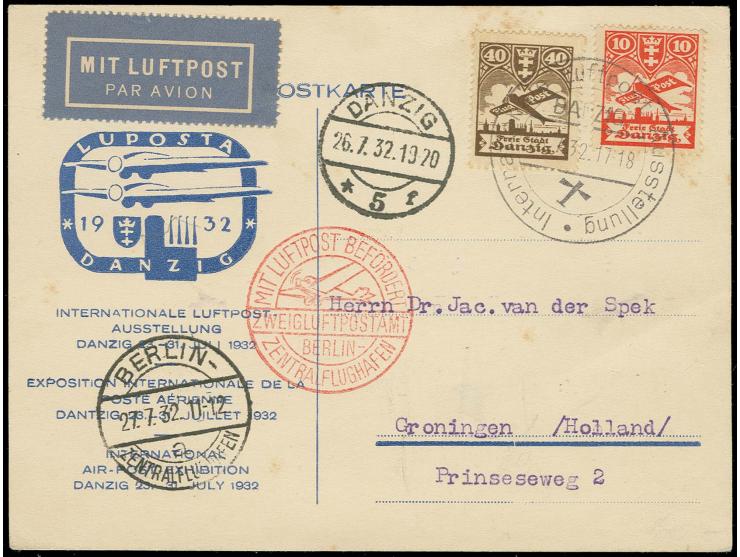 1932, Flugpost 40 und 10 Pfg. auf Luposta-Flugpostkarte mit Sonderstempel via Berlin nach Holland, dazu 2 ungebrauchte, nummi