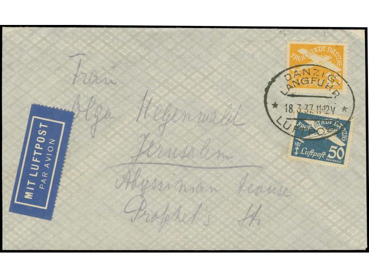 1937, Flugpostausgabe 1935 50 Pfg. dunkelpreußischblau und 15 Pfg. dunkelgelborange mit Stempel "DANZIG-LANGFUHR LUFTPOST 18.
