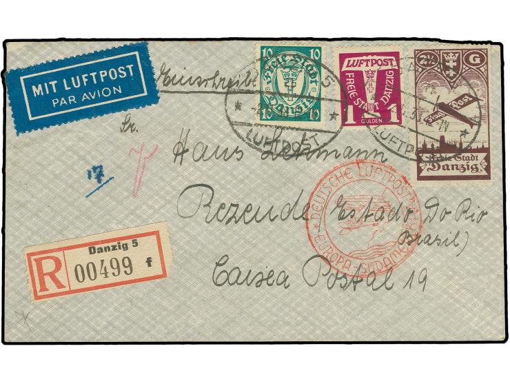 1938, Flugpostausgabe 1924 2 1/2 G. dunkelbraunkarmin, Flugpostausgabe 1935 1 G. dunkellila und Staatswappen 10 Pfg. grün mit