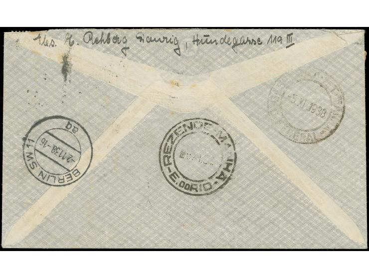 1938, Flugpostausgabe 1924 2 1/2 G. dunkelbraunkarmin, Flugpostausgabe 1935 1 G. dunkellila und Staatswappen 10 Pfg. grün mit