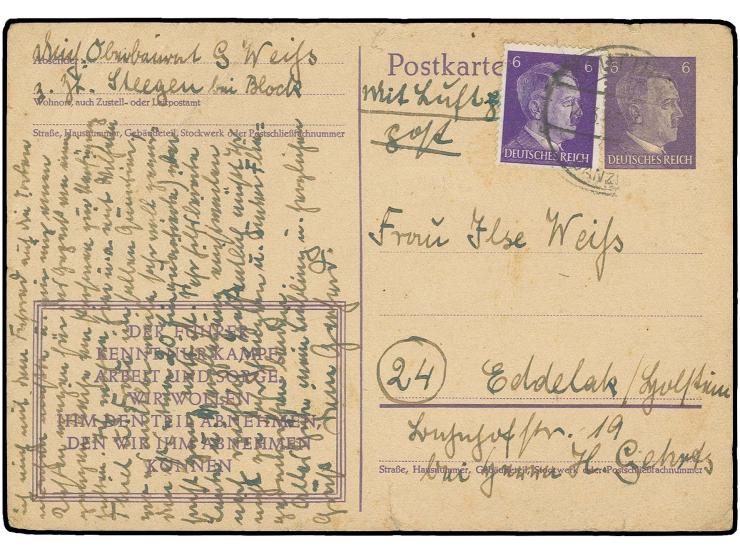 1945, Hitler 6 Pfg. als Zufrankatur auf Ganzsachenkarte 6 Pfg. mit Stempel "STUTTHOF DANZIG 14.3.45" als Luftpostkarte mit vi