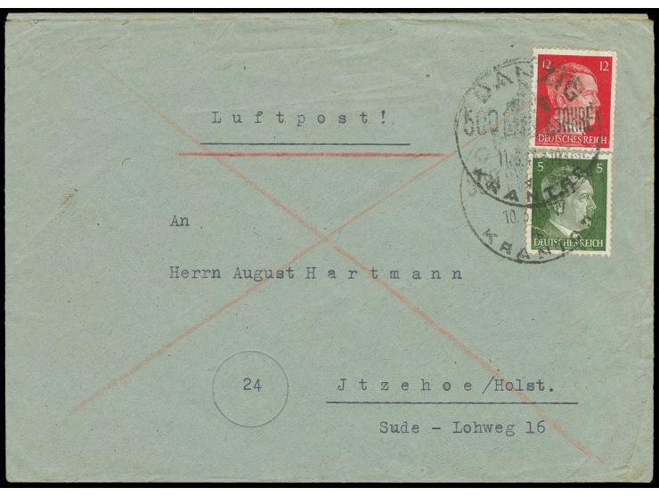 1945, Hitler 12 Pfg. und 5 Pfg. mit Stempel "DANZIG KRANTOR b 10.3.45" bzw. vom 11.3.45 auf Luftpostbrief mit rückseitigem Ab
