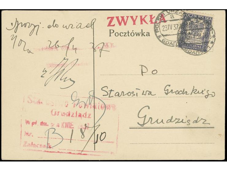 1935, Dienstmarke "ZWYCZJNA" violettblau mit Stempel "GDANSK 1 23.IV.37" auf Dienstpostkarte nach Grudzisdz mit Eingangsstemp